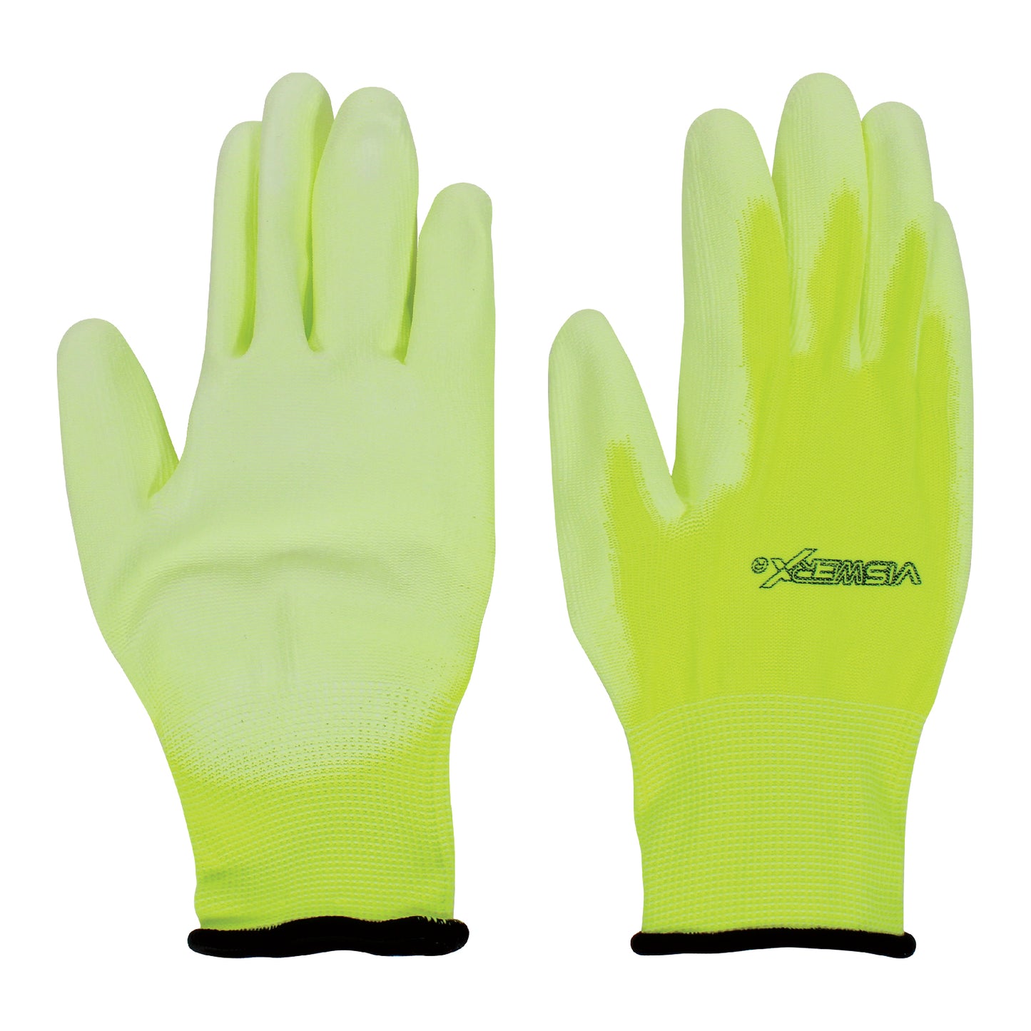 Hi-visibility yellow gloves laid flat. The left hand faces palm up to show the polyurethane coated palms, and the right hand faces palm down.