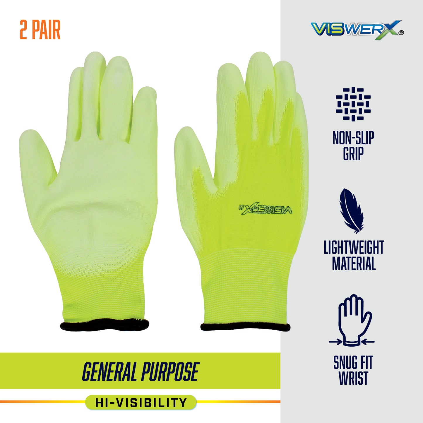 Hi-visibility yellow work gloves, with 2 Pair, Non-Slip Grip, Lightweight Material, Snug Fit Wrist, General Purpose, and Hi-Visibility listed as product features.