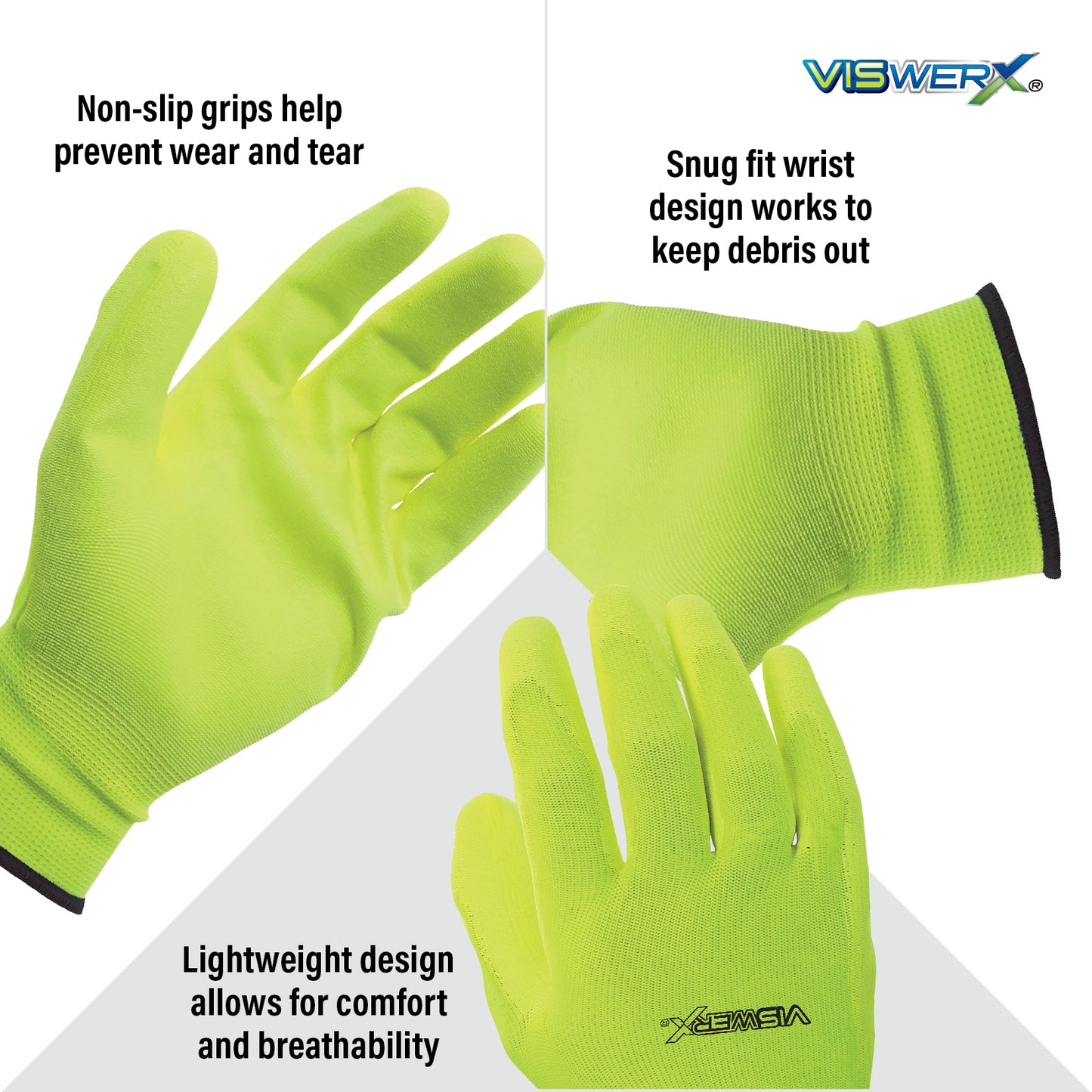 Close up images of palms, wrist, and fingers with features listed. Non-slip grips help prevent wear and tear, snug fit wrist works to keep debris out, and lightweight design allows for comfort and breathability.