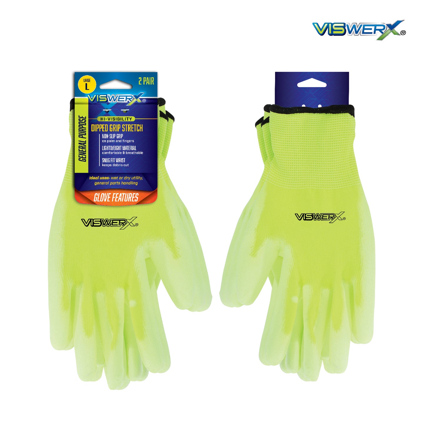 Front and back view of the gloves in their hang card packaging.