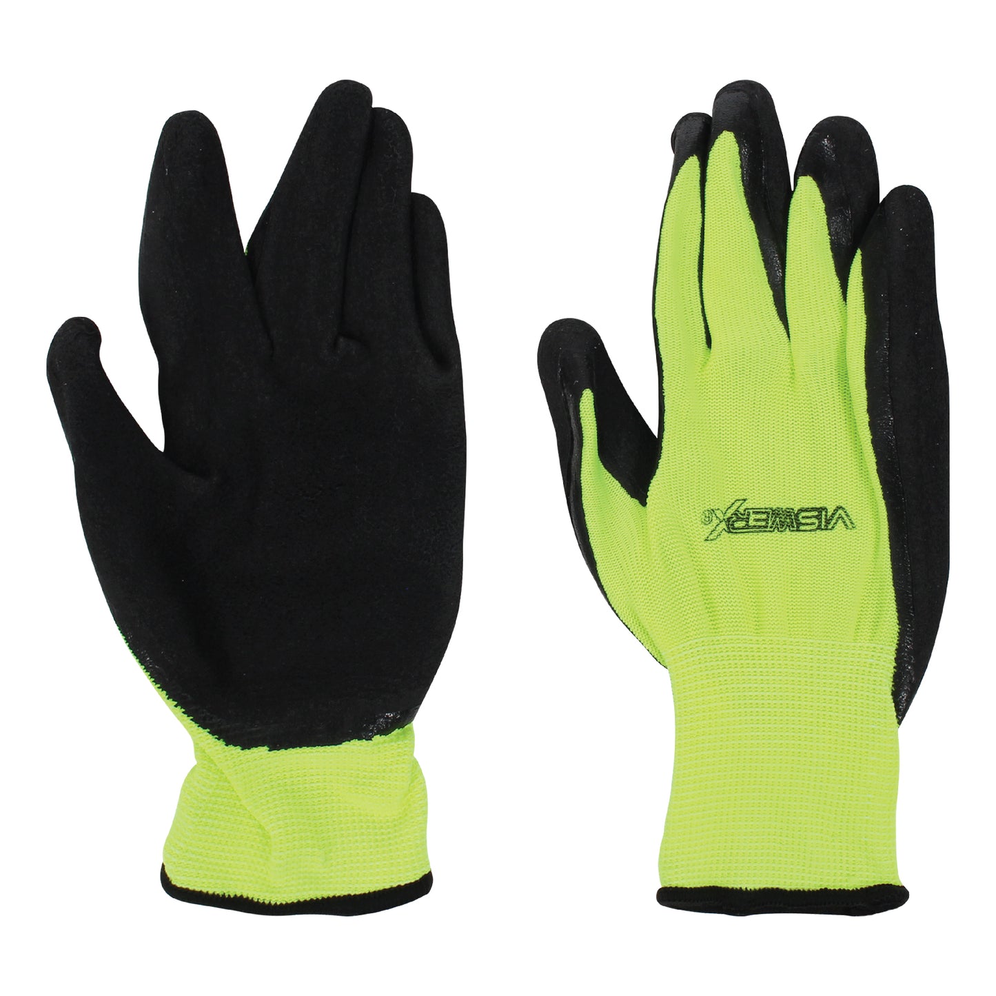 Hi-visibility yellow and black fingerless gloves laid flat. The left hand faces palm up to show the textured palms, and the right hand faces palm down.