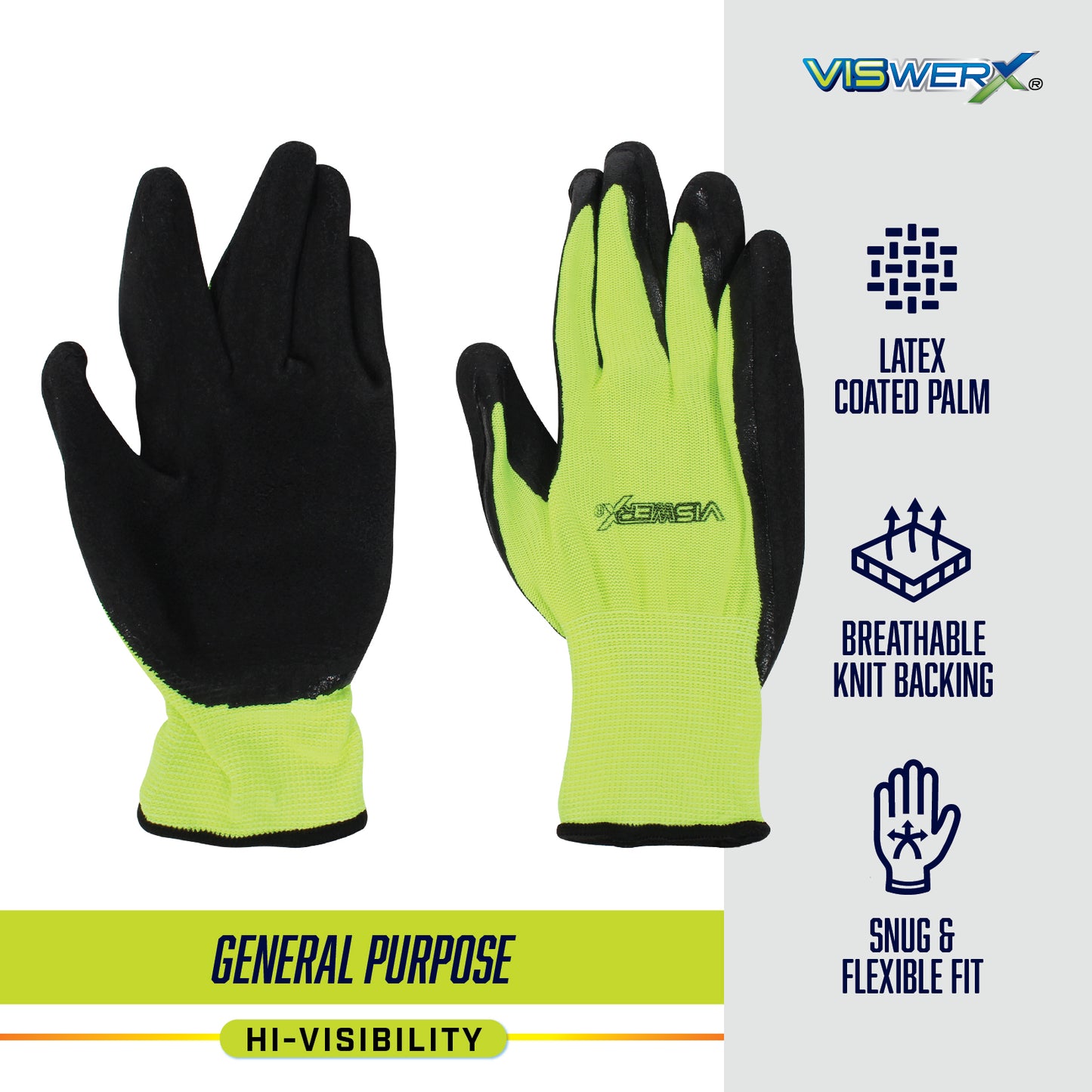 Hi-visibility yellow and black gloves, with Latex Coated Palm, Breathable Knit Backing, Snug & Flexible Fit, General Purpose, and Hi-Visibility listed as product features.