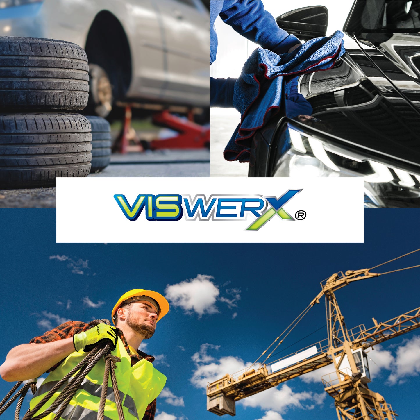 The VisWERX logo centered, with images of a vehicle's tire being changed, a car hood being wiped down, and a construction worker at a job site.