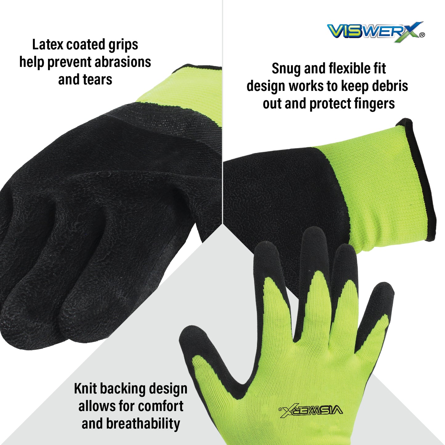 Close up images of palms, cuffs, and fingers with features listed. Latex coated grips help prevent abrasions and tears, snug and flexible fit design works to keep debris out and protect fingers, knit backing design allows for comfort and breathability.