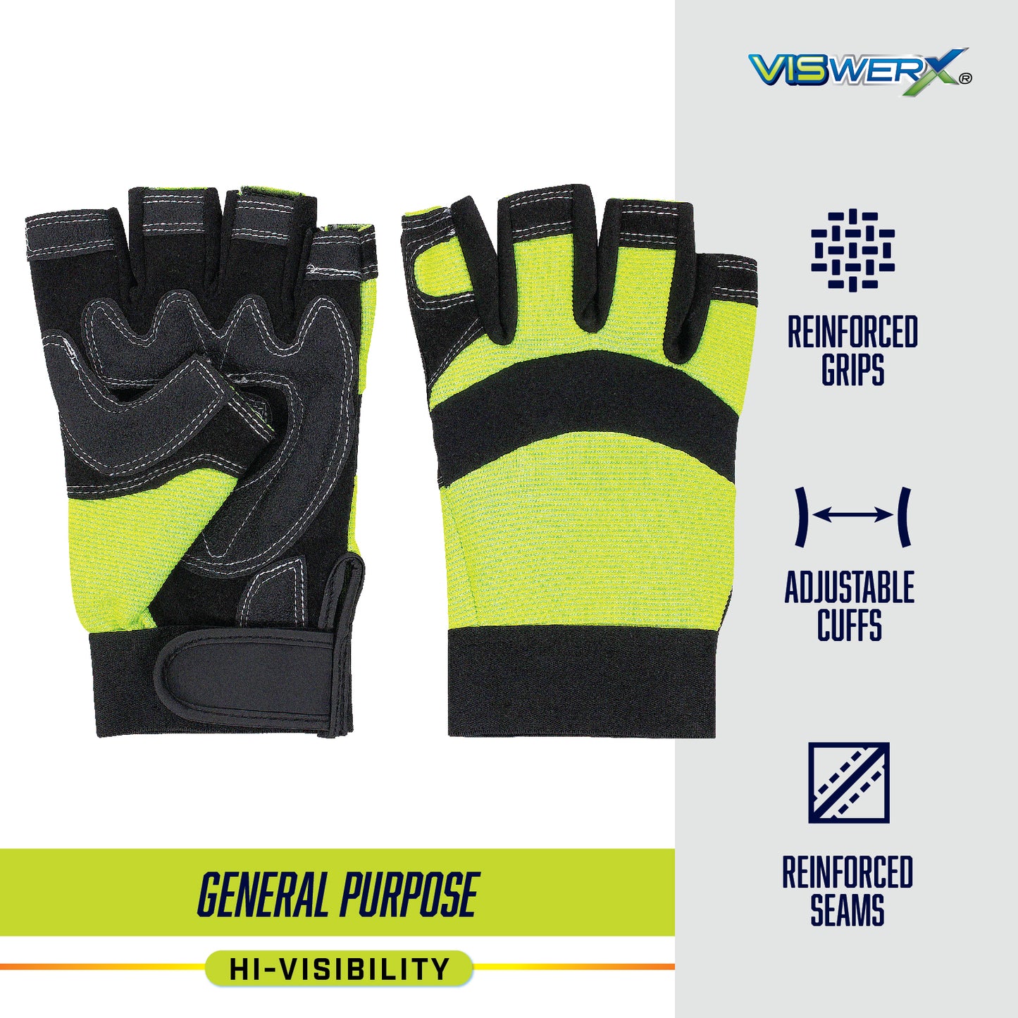Hi-visibility yellow and black fingerless gloves, with Reinforced Grips, Adjustable Cuffs, Reinforced Seams, General Purpose, and Hi-Visibility listed as product features.