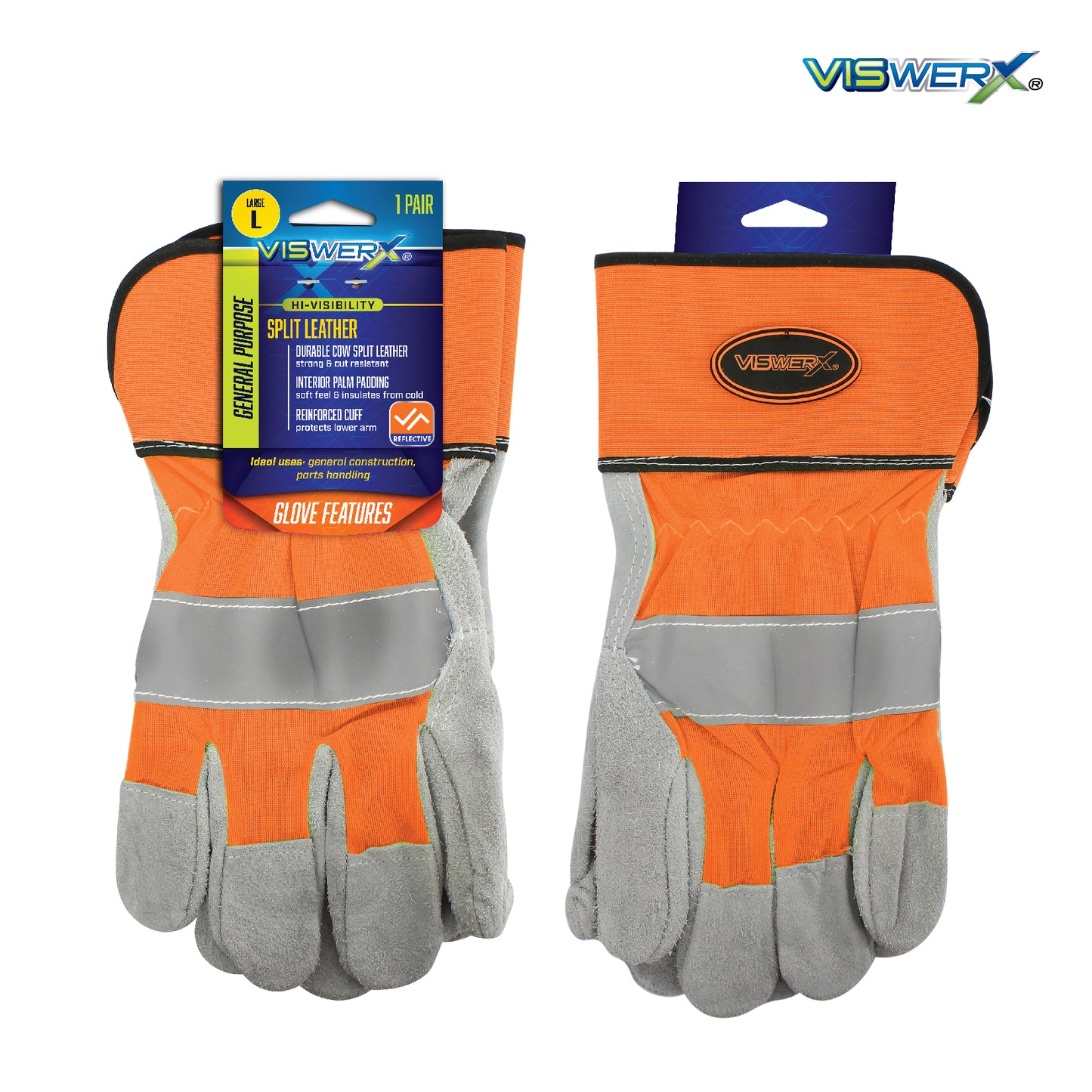 Front and back view of the orange gloves in their hang card packaging.