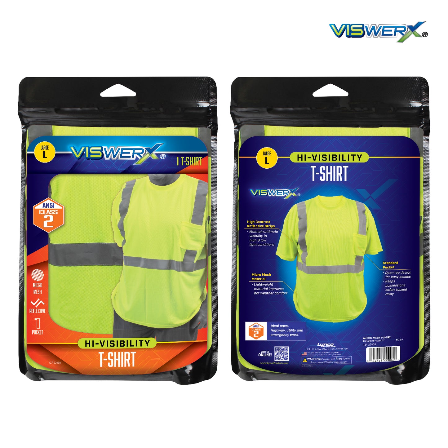 Front and back view of the t-shirt shown folded in packaging.