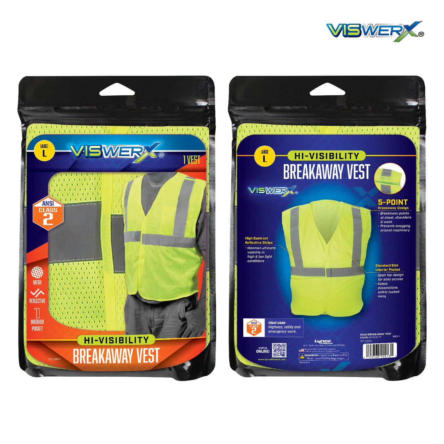 Front and back view of the vest shown folded in packaging.