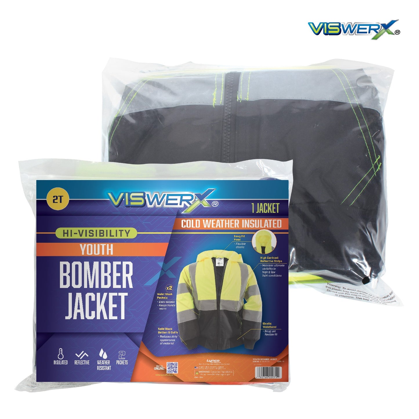 Front and back view of the bomber jacket shown folded in packaging.