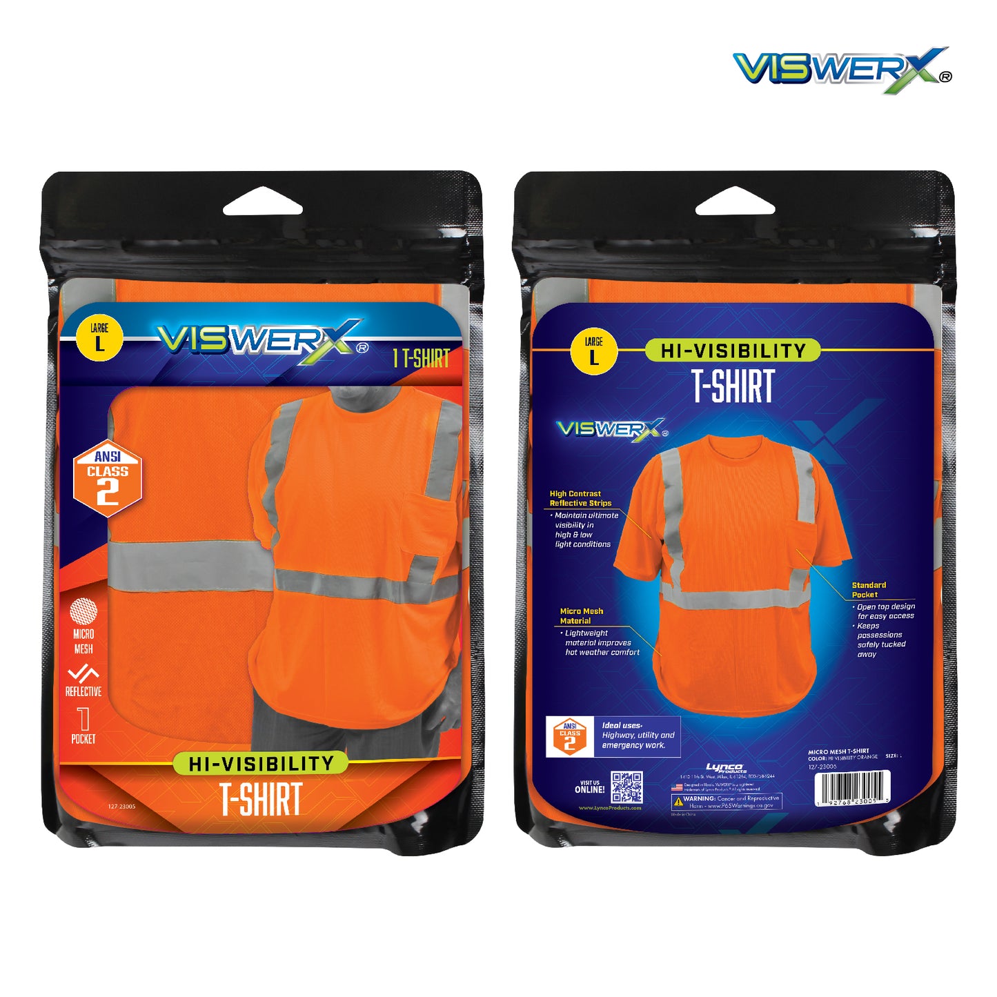 Front and back view of the t-shirt shown folded in packaging.