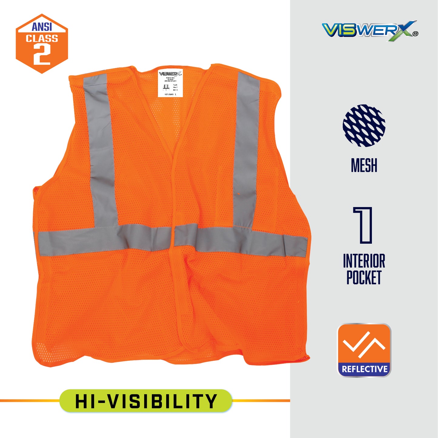 Flat lay of the ANSI Class 2 Hi-Visibility Breakaway Safety Vest in orange alongside callouts about the product, including mesh fabric, interior pocket count, and reflectivity.