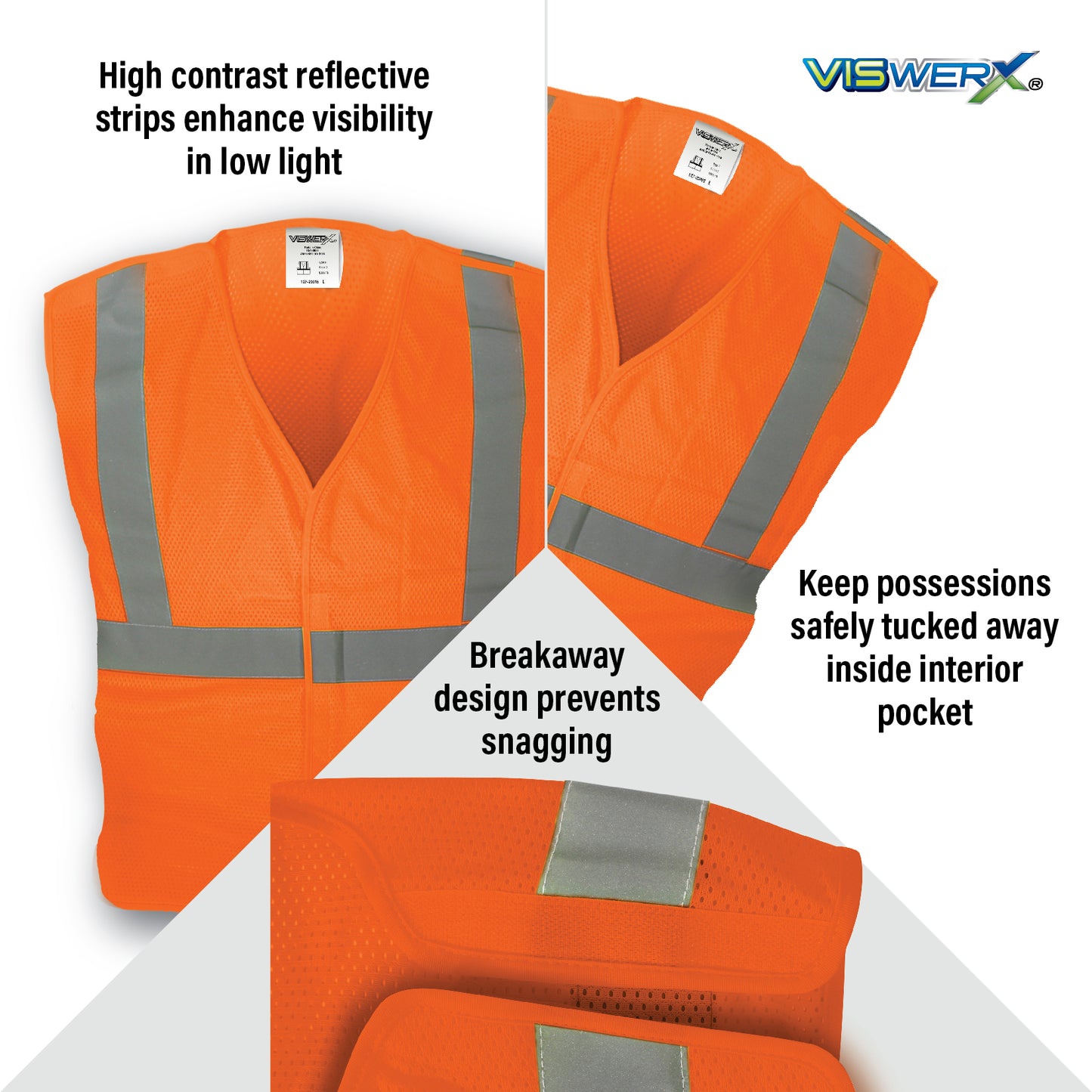 Close up images of the vest, interior pocket, and silver striping with features listed. High contrast reflective strips enhance visibility in low light, you can keep possessions safely tucked away in the interior pocket, and the lightweight breakaway design prevents snagging.