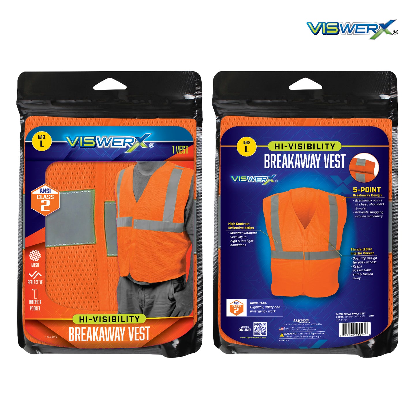 Front and back view of the vest shown folded in packaging.