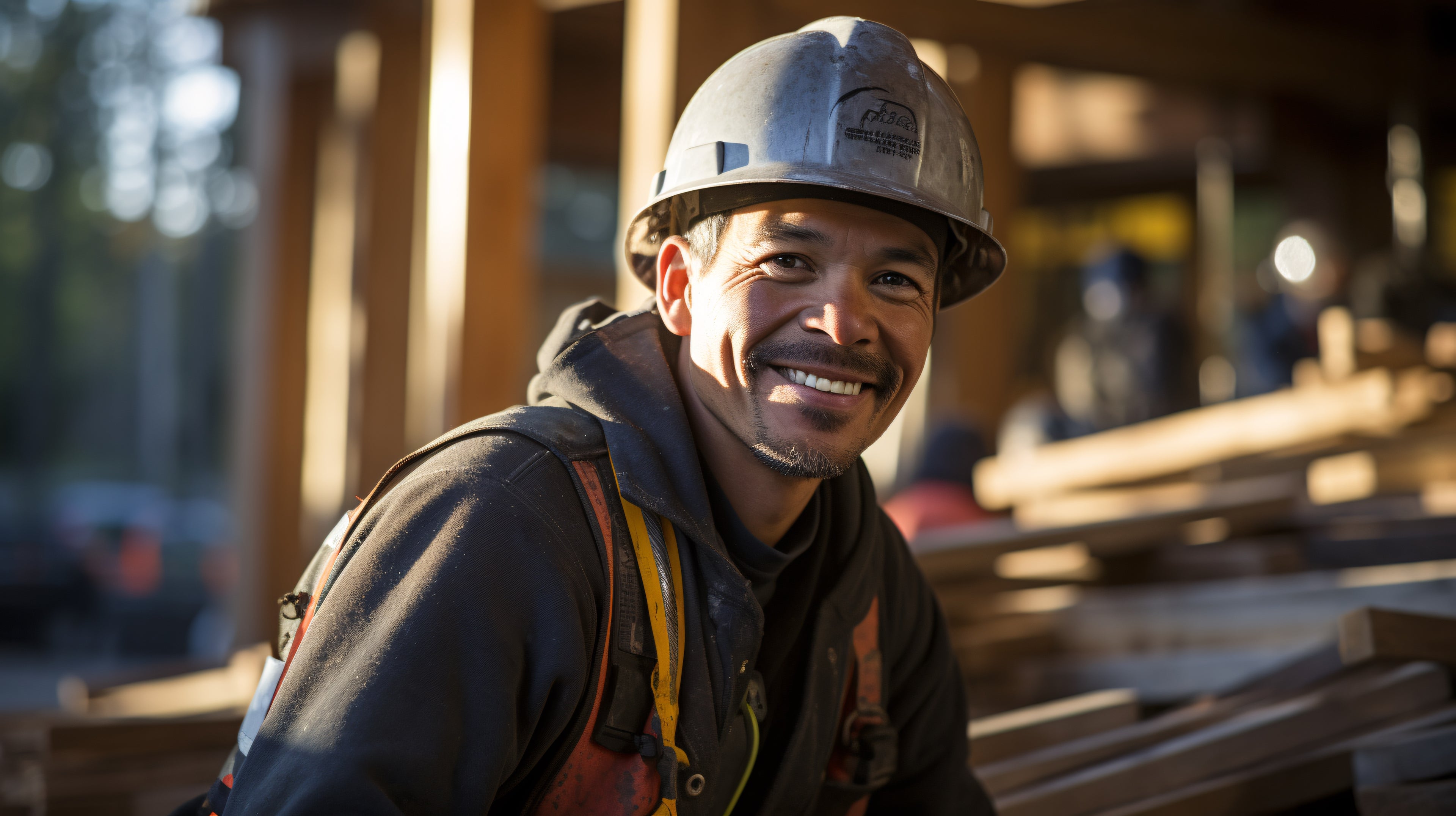 Image of a construction worker at a job site, wearing high visibility, reflective safety apparel.