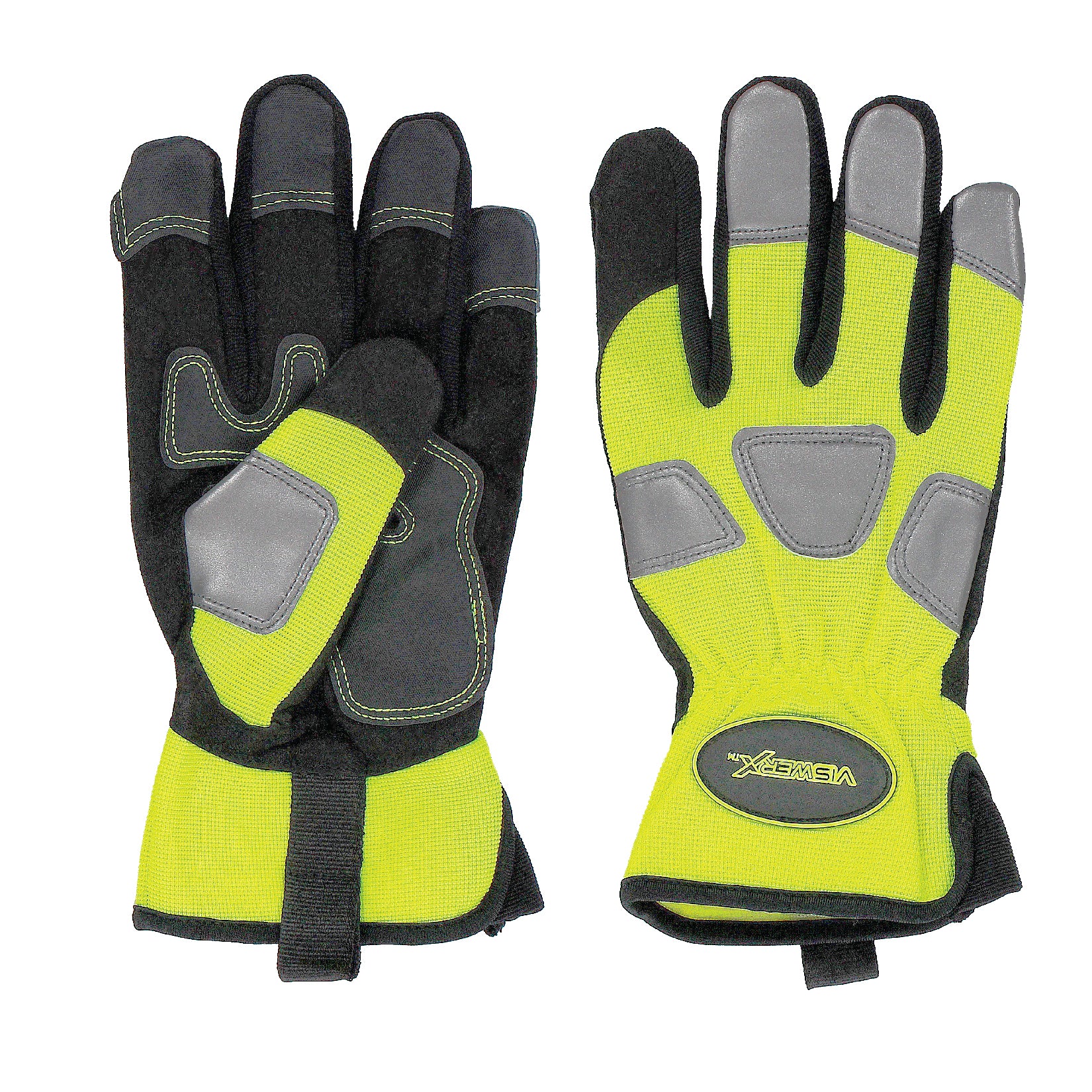 Hi-visibility yellow and black gloves laid flat. The left hand faces palm up to show the palm patches, and the right hand faces palm down.