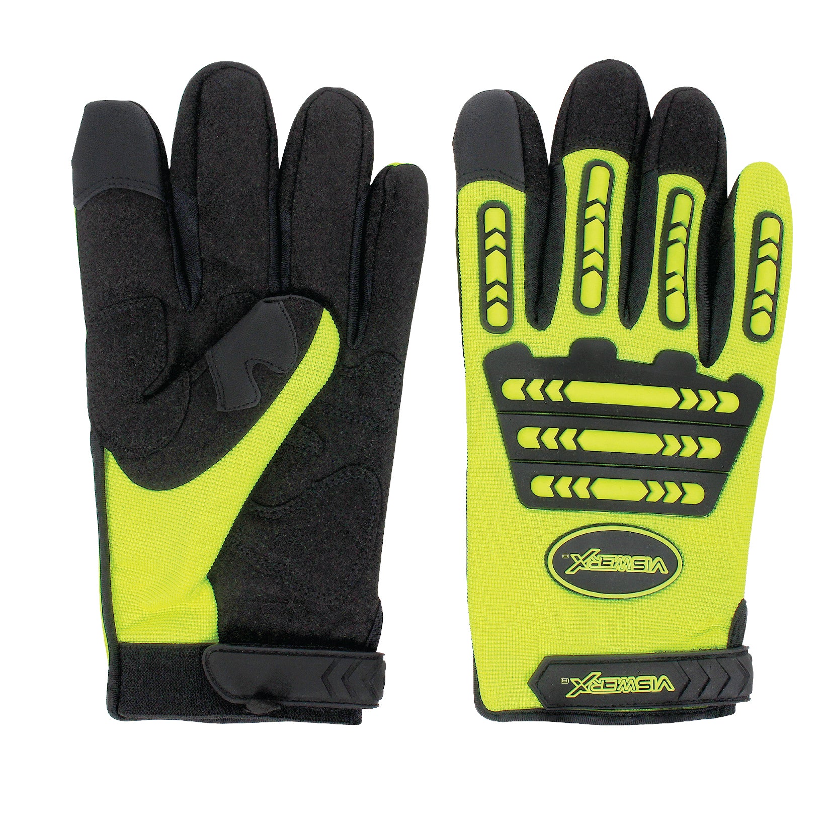 Hi-visibility yellow and black gloves laid flat. The left hand faces palm up to show the padded palms, and the right hand faces palm down to show the knuckle guards.