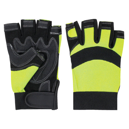 Hi-visibility yellow and black fingerless gloves laid flat. The left hand faces palm up to show the padded palms, and the right hand faces palm down.