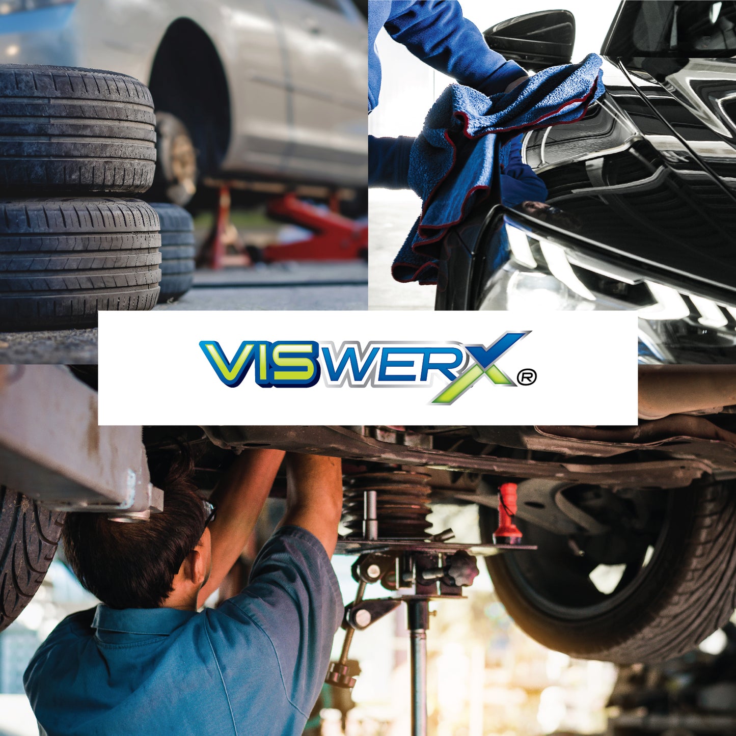 The VisWERX logo centered, with images of a vehicle's tire being changed, a car hood being wiped down, and a mechanic working beneath a vehicle, as the background.