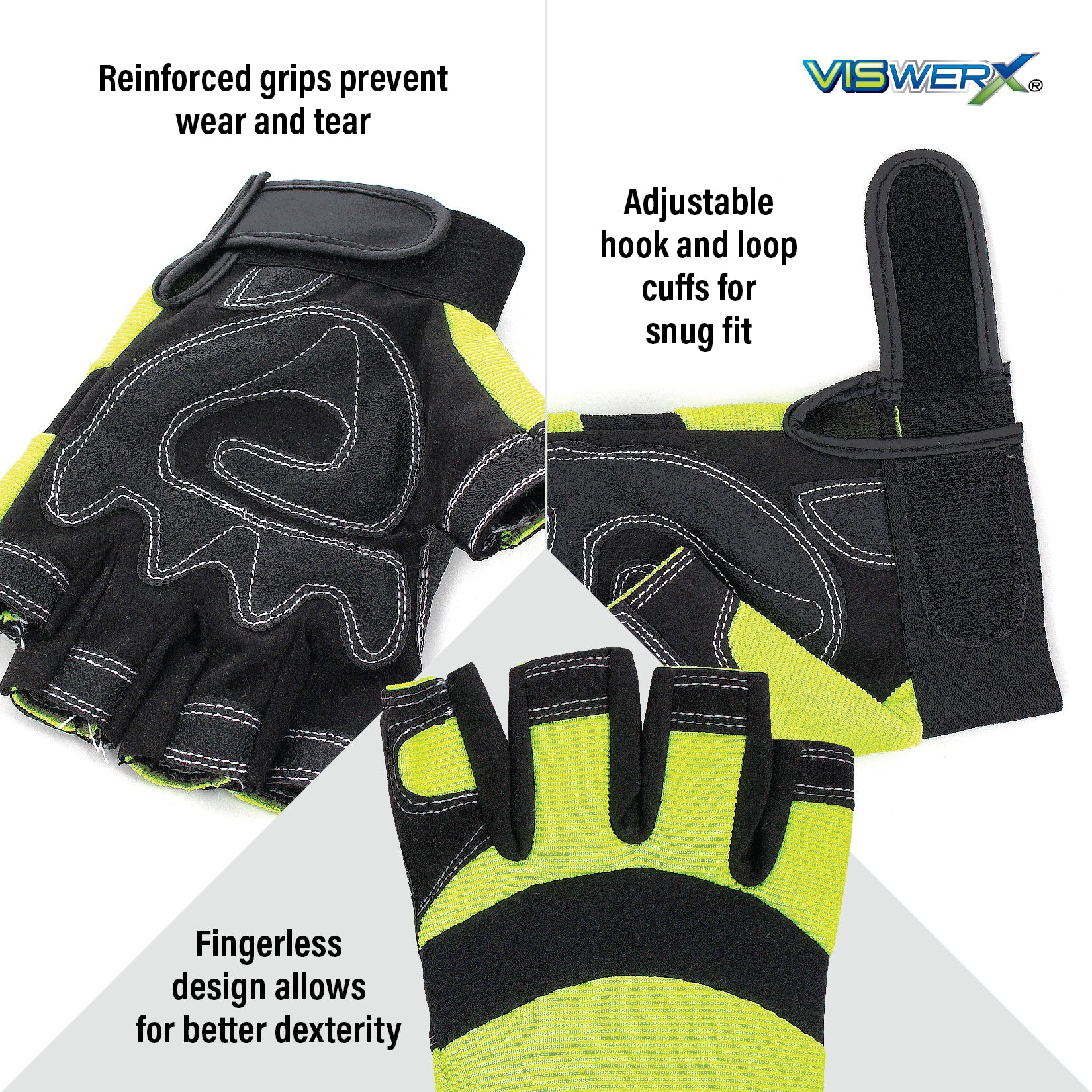 Close up images of palms, cuffs, and fingers with features listed. Reinforced grips prevent wear and tear, adjustable hook and loop cuffs for snug fit, and fingerless design allows for better dexterity.