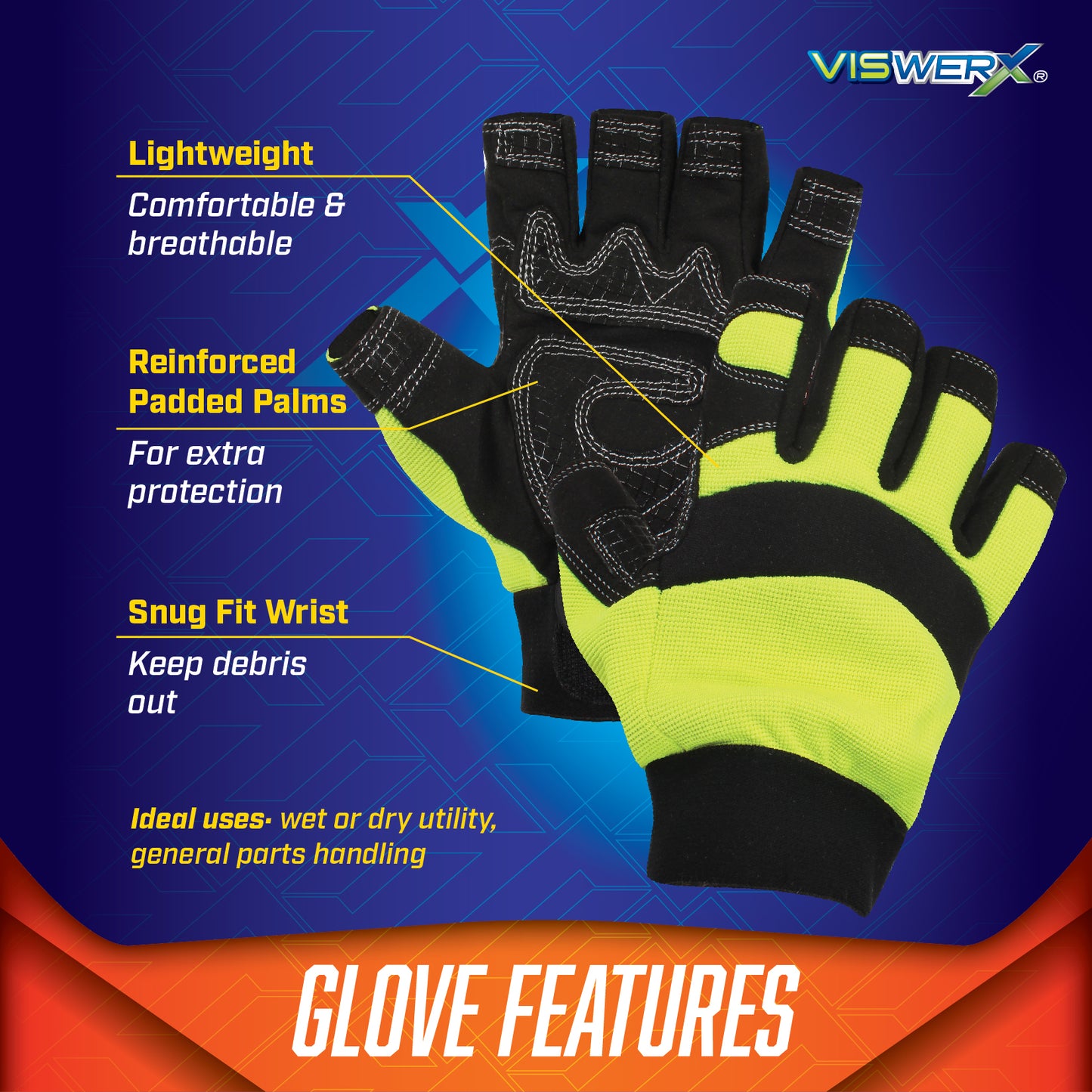 Image of gloves with product features listed around it. Lightweight for comfort and breathability, reinforced padded palms for extra protection, and snug fit wrist to keep debris out. Ideal uses are wet or dry utility and general parts handling.