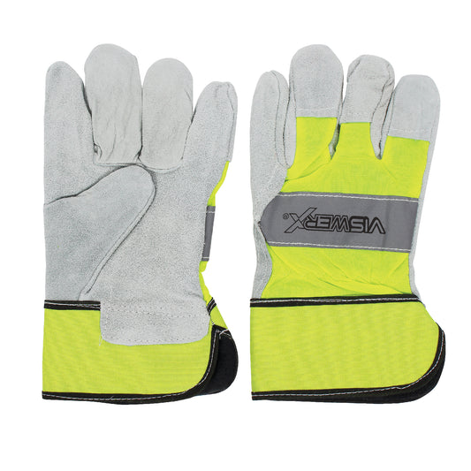 Hi-visibility yellow and gray cow leather gloves laid flat. The left hand faces palm up, and the right hand faces palm down.