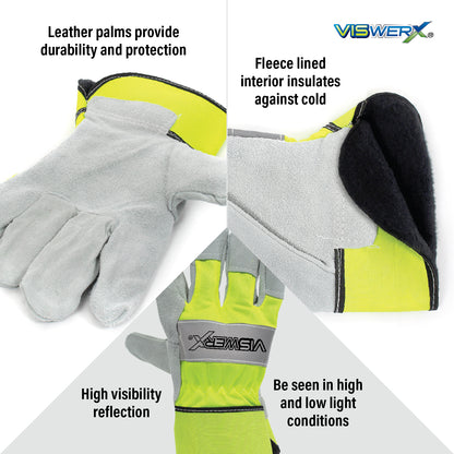 Close up images of palms, cuffs, and top of hand with features listed. Leather palms provide durability and protection, fleece lined interior insulates against cold, and high visibility reflection so you can be seen in high and low light conditions.