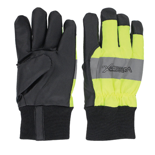 Hi-visibility yellow and black gloves laid flat. The left hand faces palm up, and the right hand faces palm down.