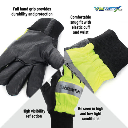 Close up images of palms, cuffs, and top of hand with features listed. Full hand grip provides durability and protection, comfortable snug fit with elastic cuff and wrist, high visibility reflection so you can be seen in high and low light conditions.