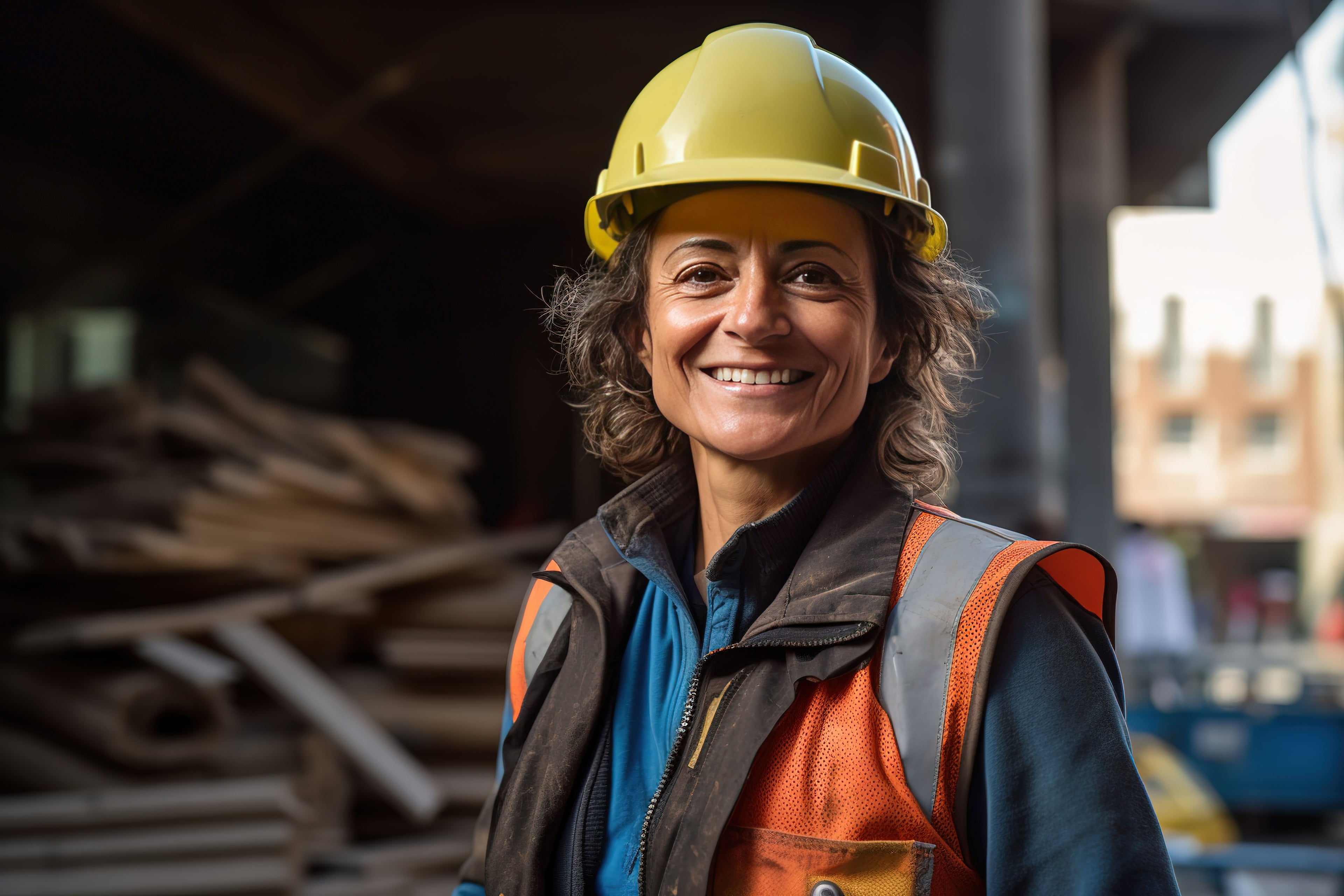 Woman wearing a hard hat and high-visibility gear while at a construction site.