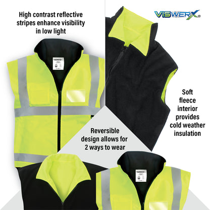 Close up images of vest, fleece interior, and reversible design with features listed. High contrast reflective stripes enhance visibility in low light, Soft fleece interior provides cold weather insulation, Reversible design allows for 2 ways to wear.