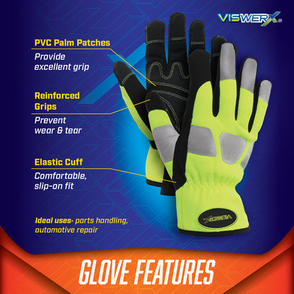 Image of gloves with product features listed around it. PVC palm patches provide excellent grip, reinforced grips to prevent wear and tear, and an elastic cuff for a comfortable, slip-on fit. Ideal uses are parts handling and automotive repair.