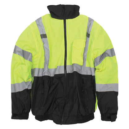 A zip up jacket with a high visibility yellow upper half, black lower half, with a black collar and silver reflective striping on the chest and arms.