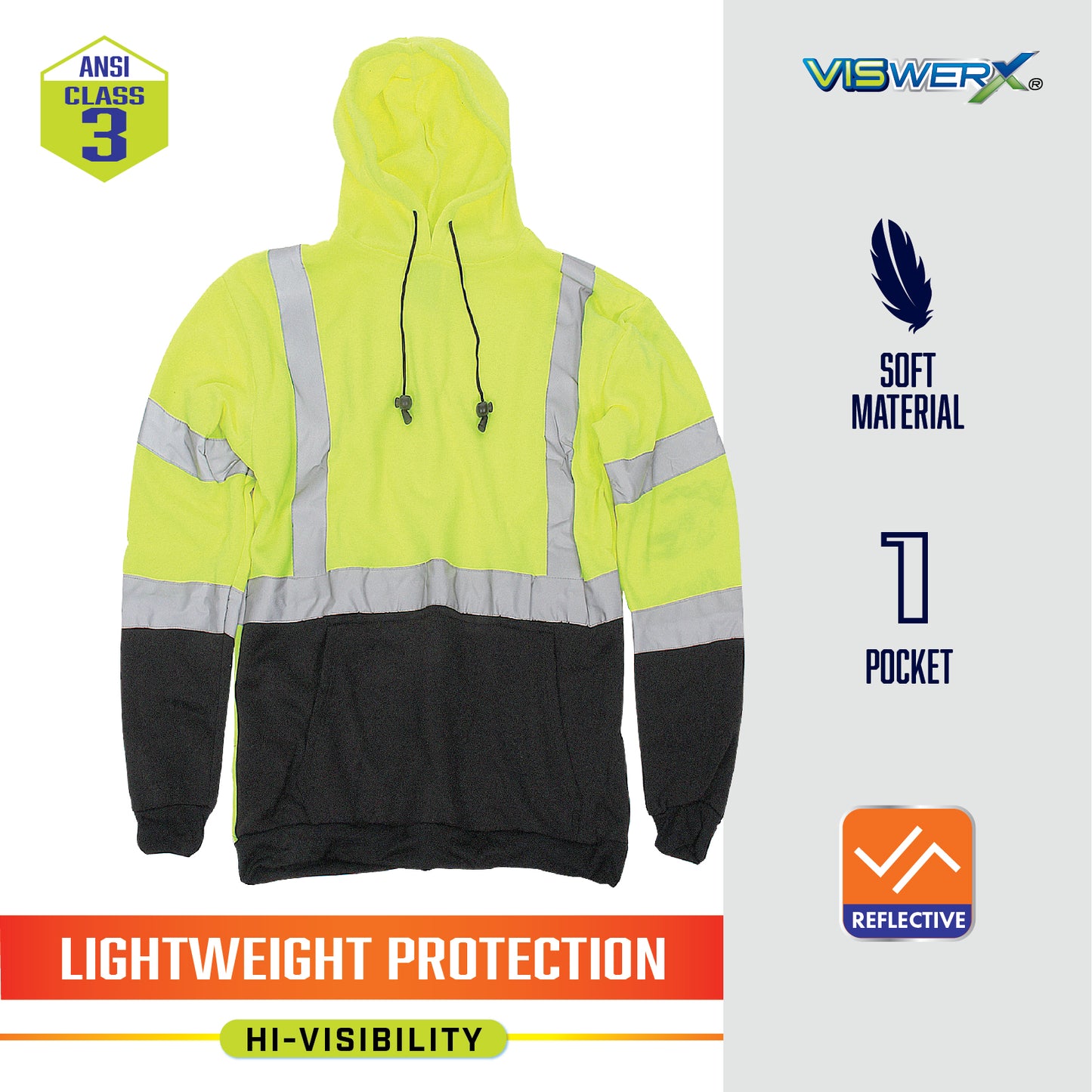 A hi-visibility yellow and black hooded sweatshirt with ANSI Class 3, Soft Material, 1 Pocket, Reflective, Lightweight Protection, and Hi-Visibility listed as product features.