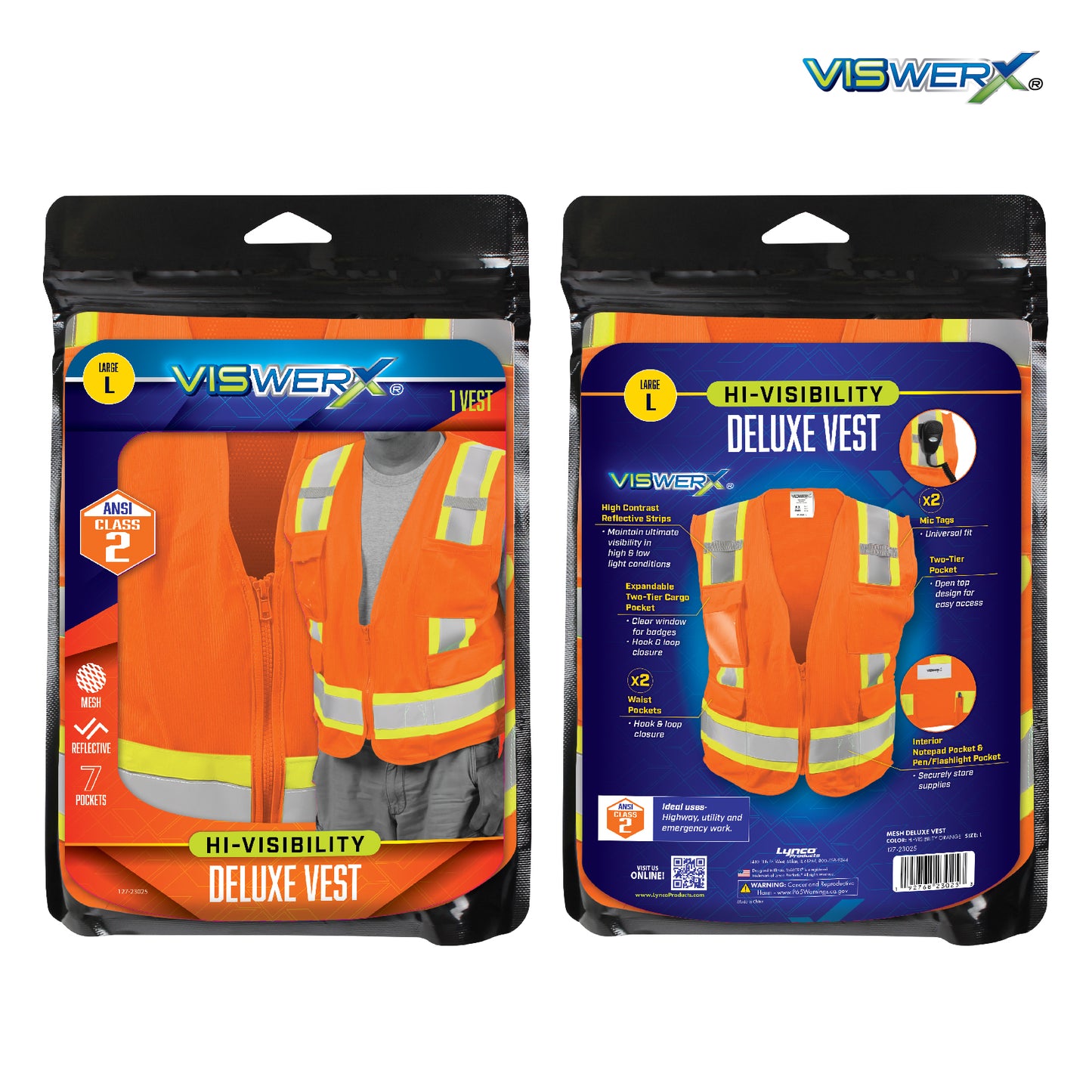 Front and back view of the vest shown folded in packaging.