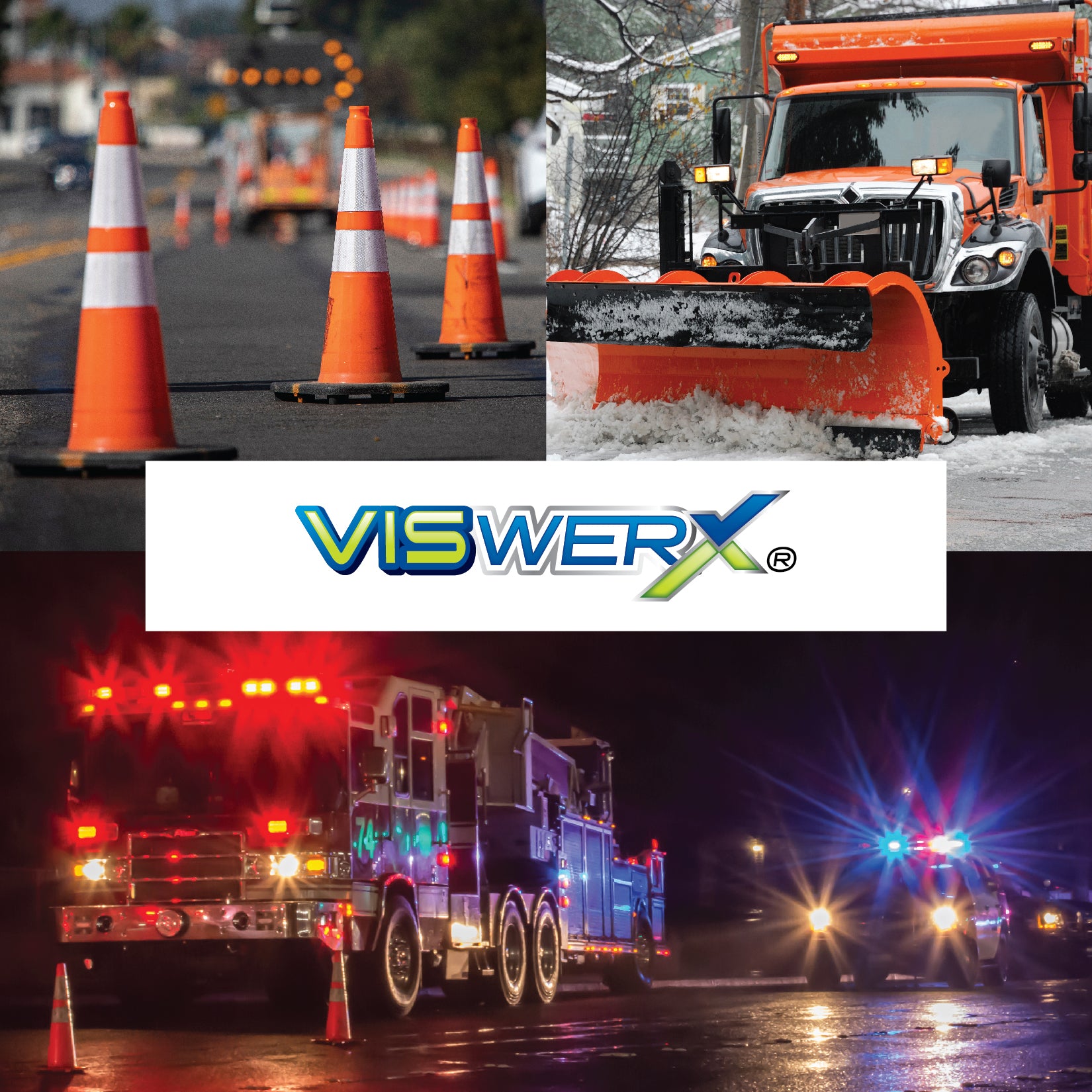 The VisWERX logo centered, with images of traffic cones at a road construction site, a snow plow plowing snow, and a firetruck and police vehicle at nighttime, as the background.