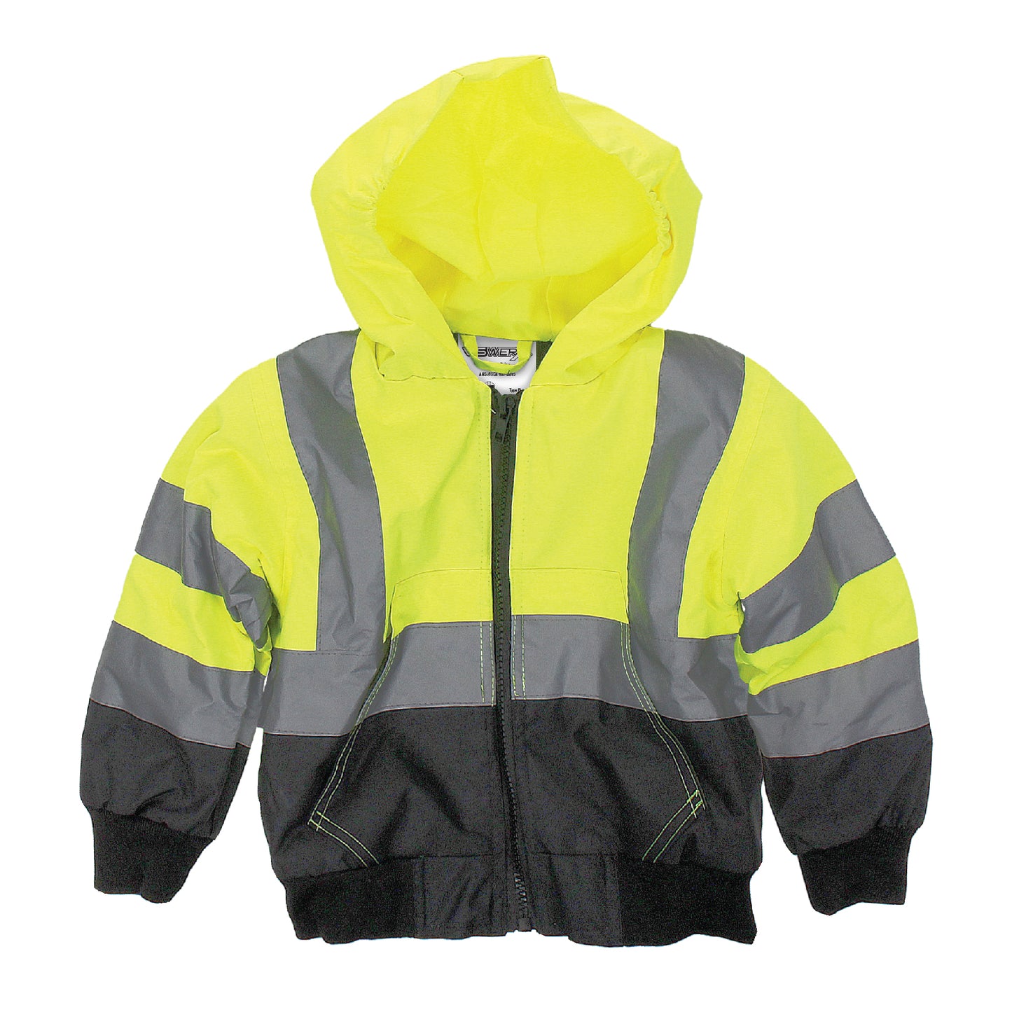 A full zip up jacket with a high visibility yellow upper half, black lower half, with a hood and silver reflective striping on the chest and arms.