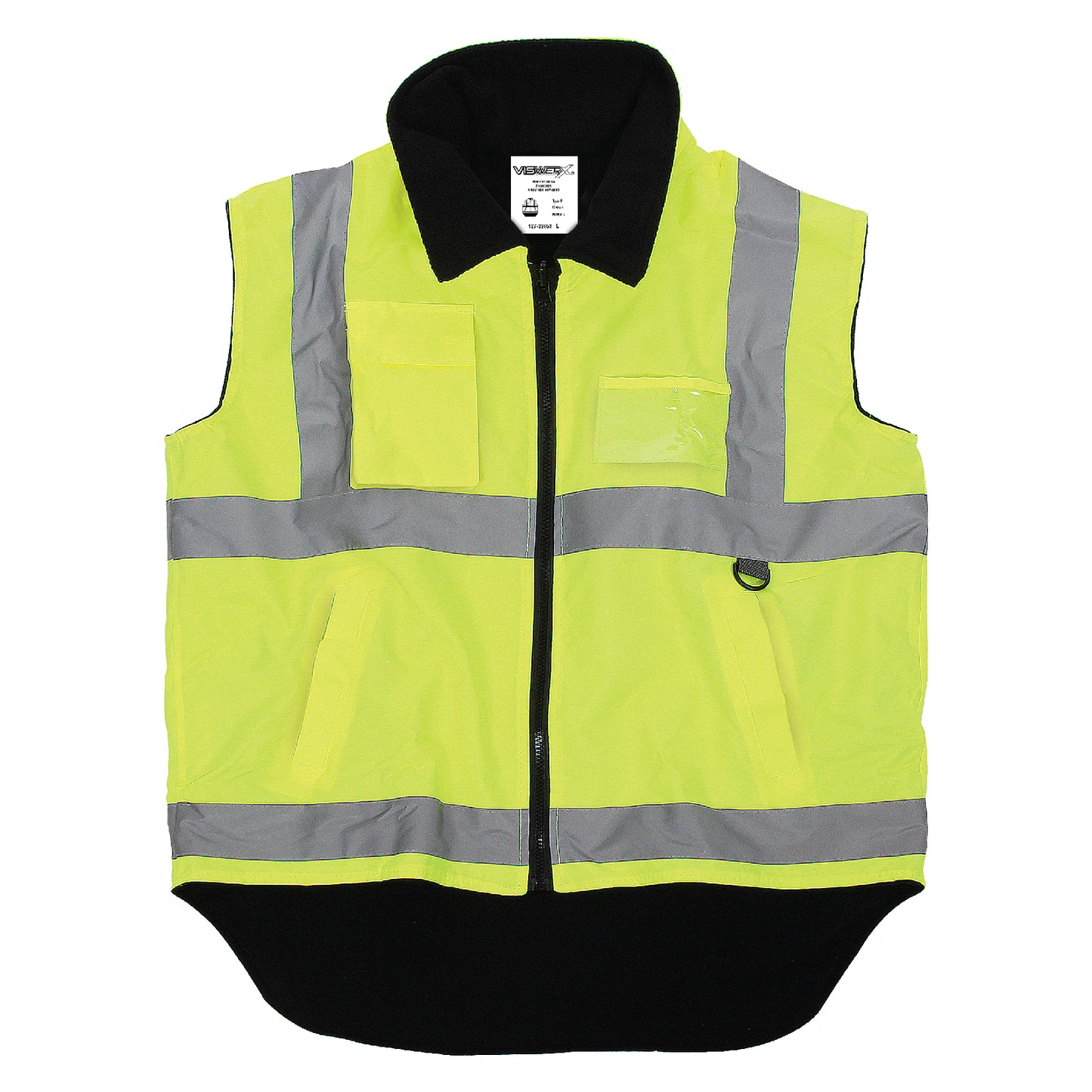 A hi-visibility yellow full zip up vest with a black interior lining, silver reflective striping, and a long back tail.