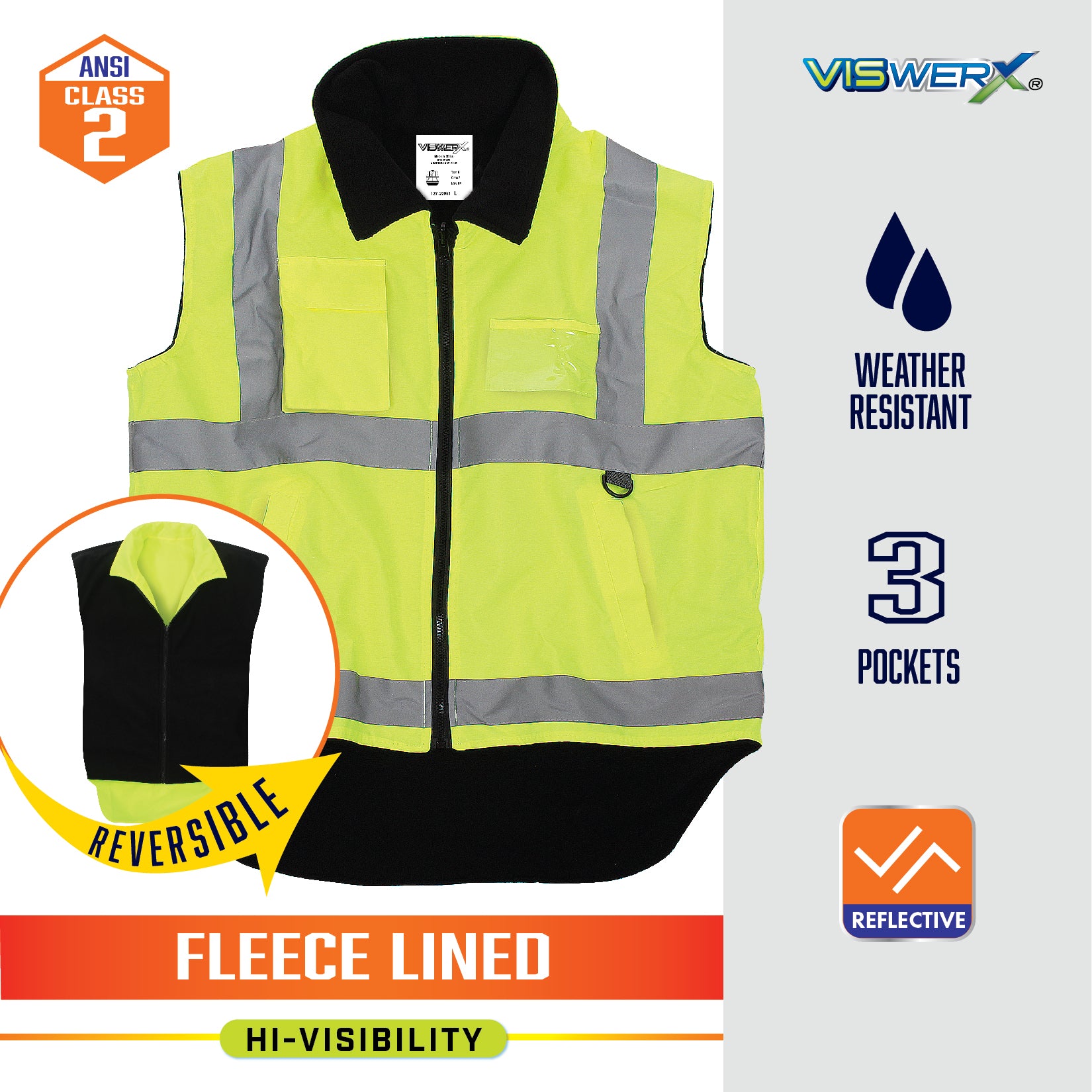 A hi-visibility yellow and black zip up vest with ANSI Class 2, Weather Resistant, 3 Pockets, Reflective, Reversible, Fleece Lined, and Hi-Visibility listed as product features.