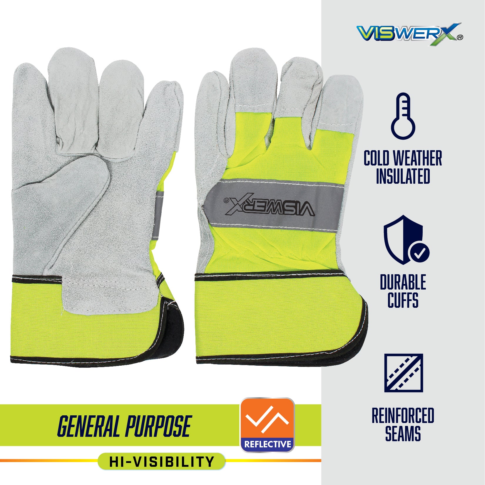 Hi-visibility yellow and gray gloves, with Cold Weather Insulated, Durable Cuffs, Reinforced Seams, General Purpose, Reflective, and Hi-Visibility listed as product features.