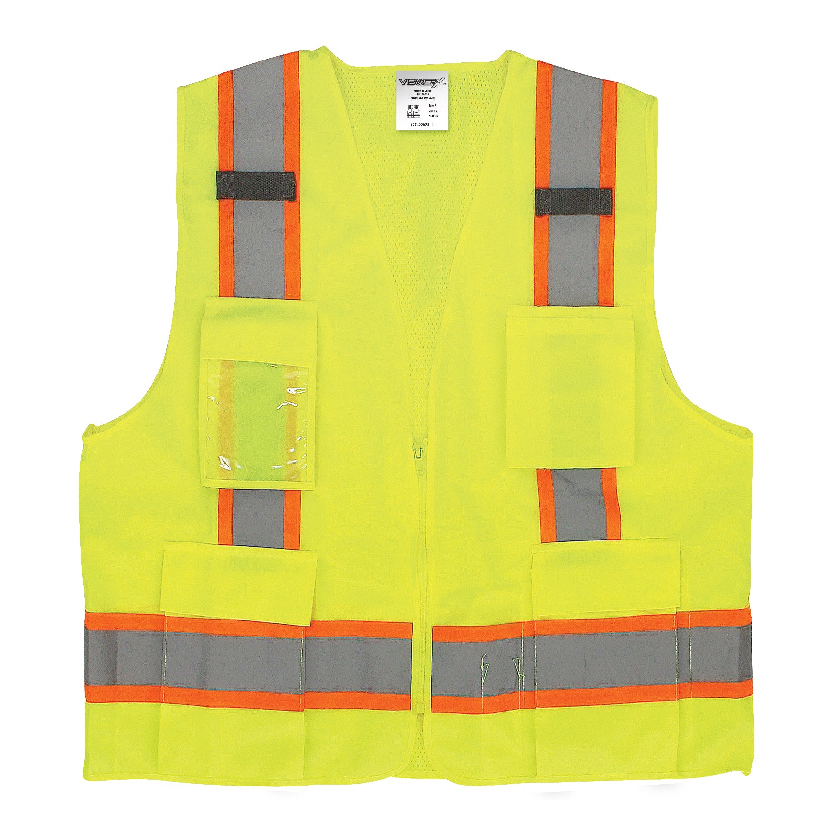 A yellow zip up mesh safety vest with silver reflective striping with orange accents, and 4 pockets on the front.