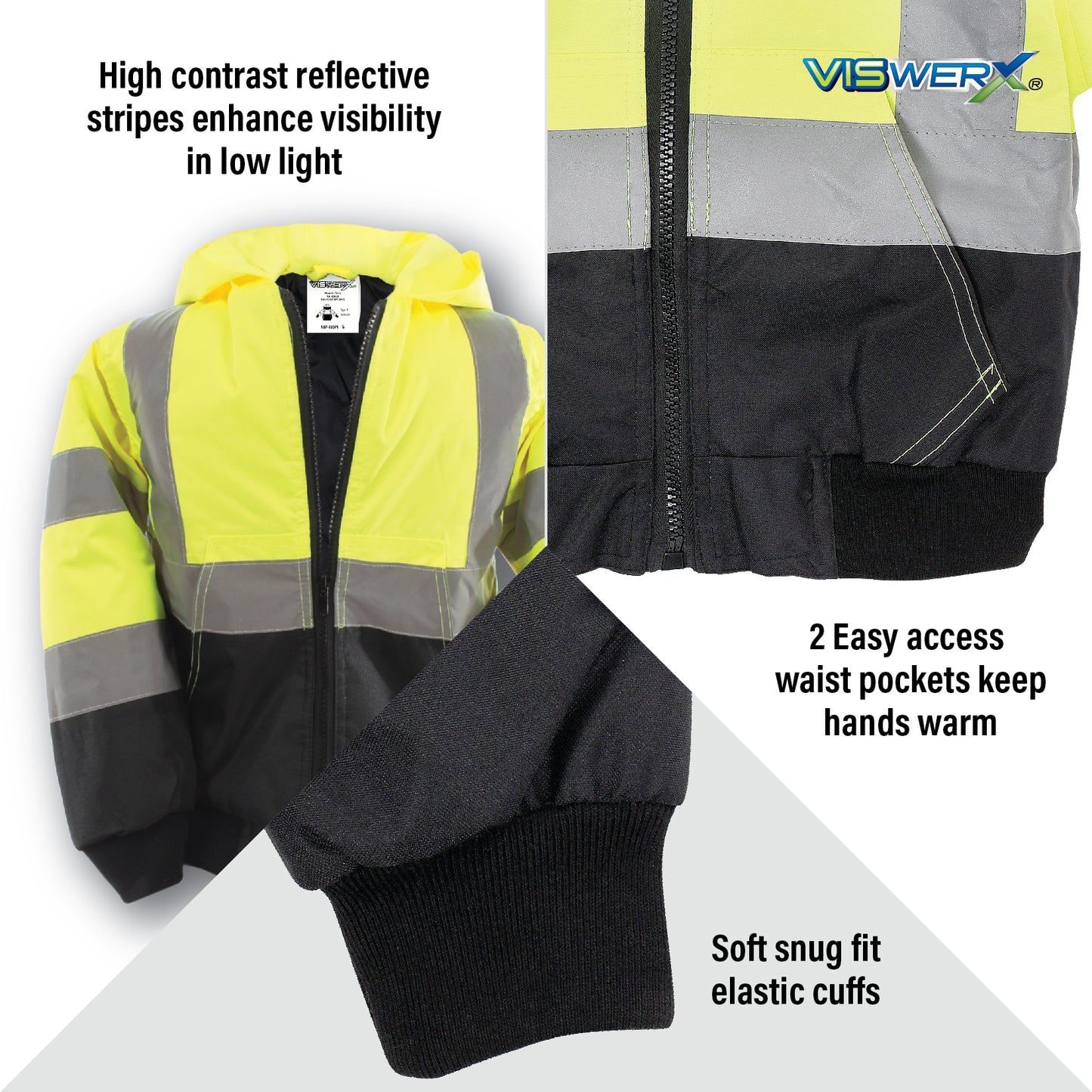 Close up images of jacket, pockets, and cuffs with features listed. High contrast reflective stripes enhance visibility in low light, 2 easy access waist pockets keep hands warm, Soft snug fit elastic cuffs.