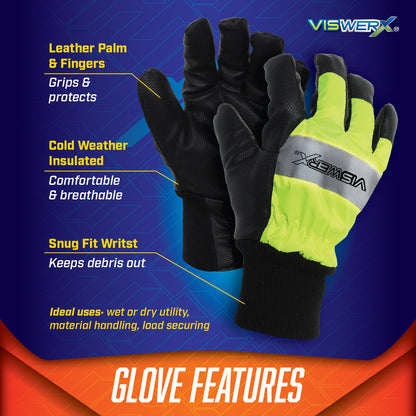 Image of gloves with product features listed around it. Leather palm and fingers for grip and protection, cold weather insulated for comfort and breathability, and snug fit wrist to keep debris out. Ideal uses are wet and dry utility, material handling, and load securing.