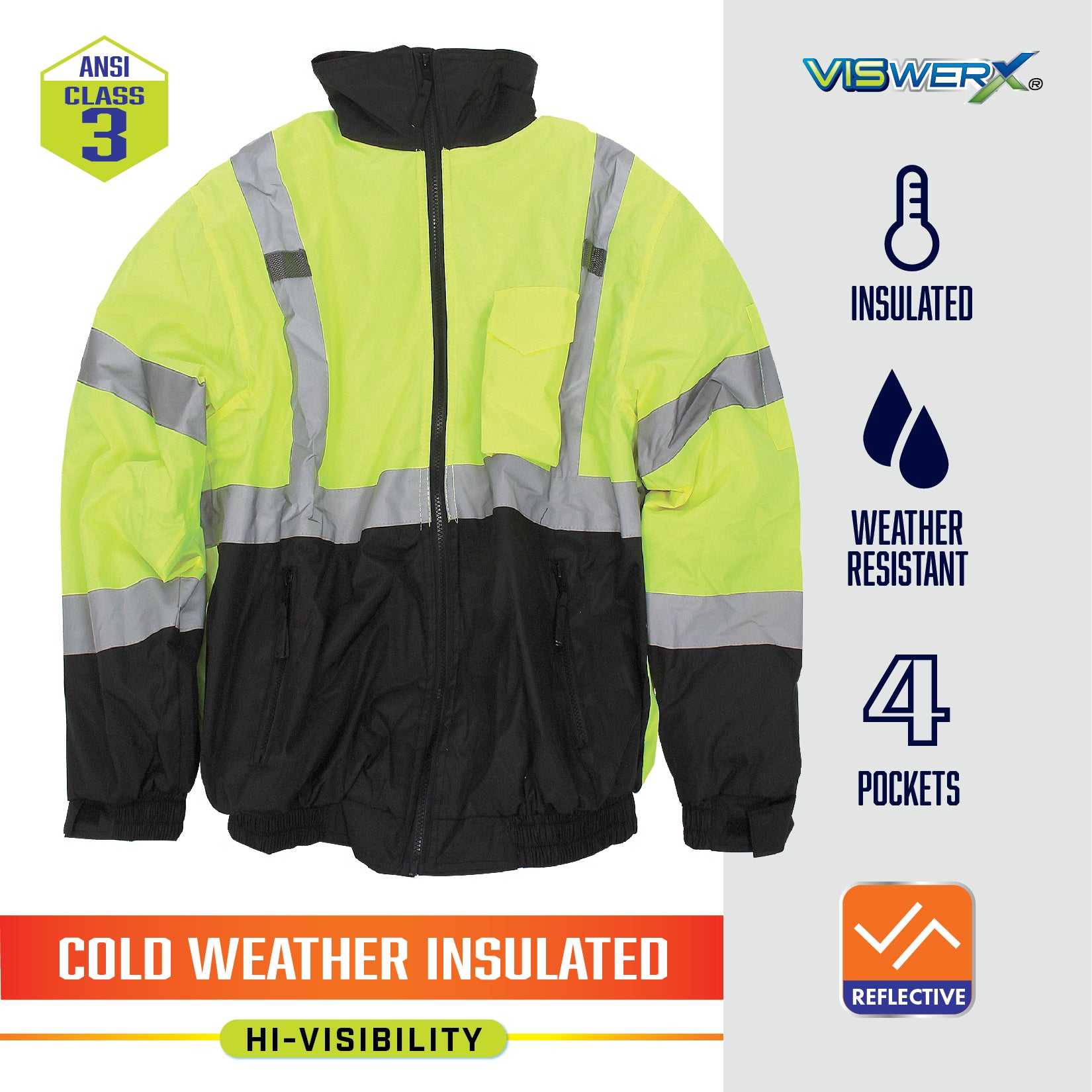 A hi-visibility yellow and black jacket with ANSI Class 3, Insulated, Weather Resistant, 4 Pockets, Reflective, Cold Weather Insulated, and Hi-Visibility listed as product features.