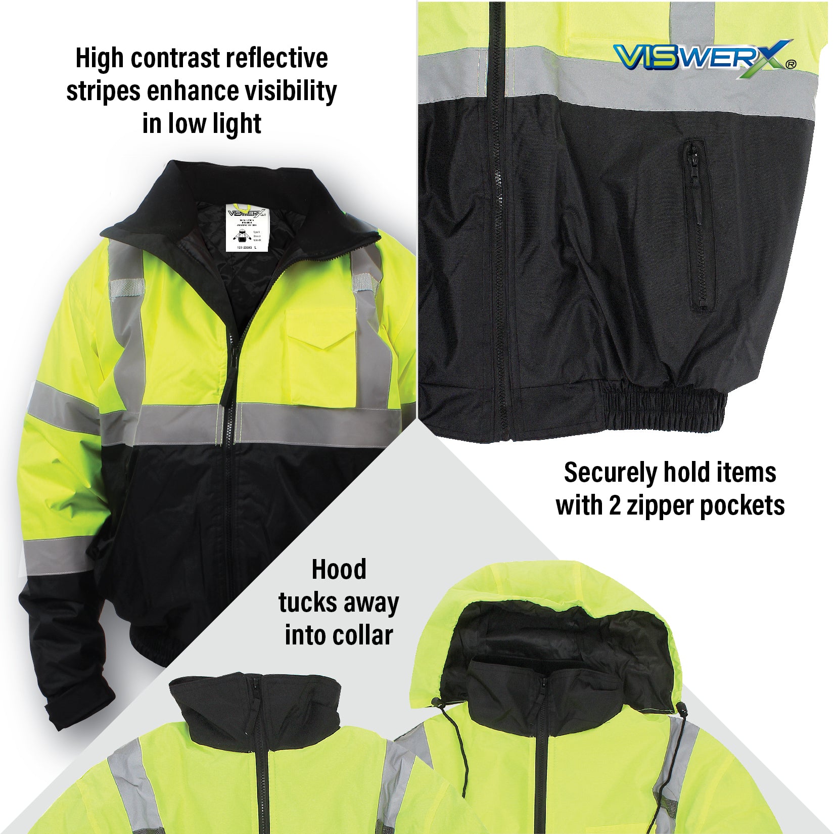 Close up images of jacket, pockets, and hood with features listed. High contrast reflective stripes enhance visibility in low light, Securely hold items with 2 zipper pockets, Hood tucks away into collar.