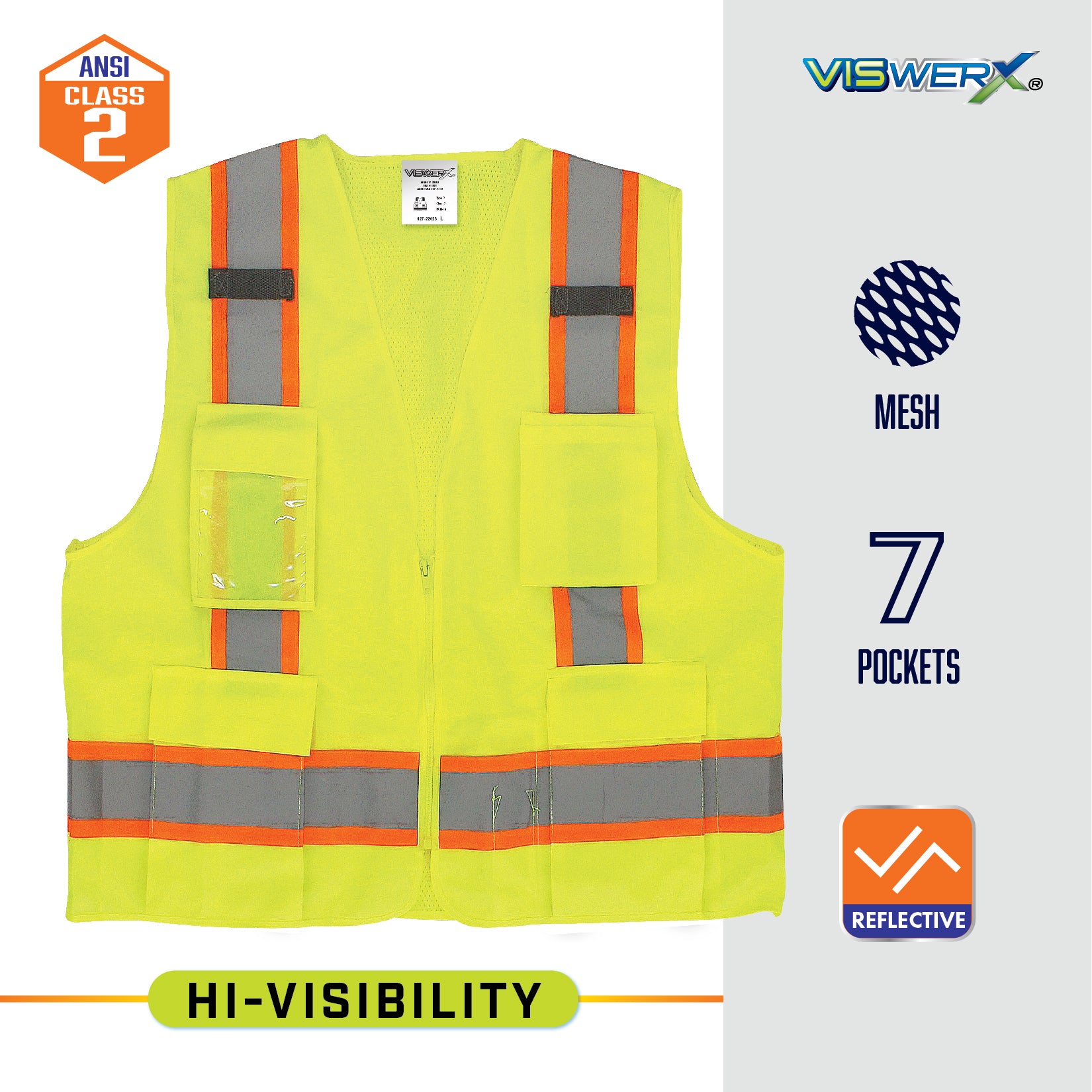 A hi-visibility yellow zip up safety vest with ANSI Class 2, Mesh, 7 Pockets, Reflective, and Hi-Visibility listed as product features.