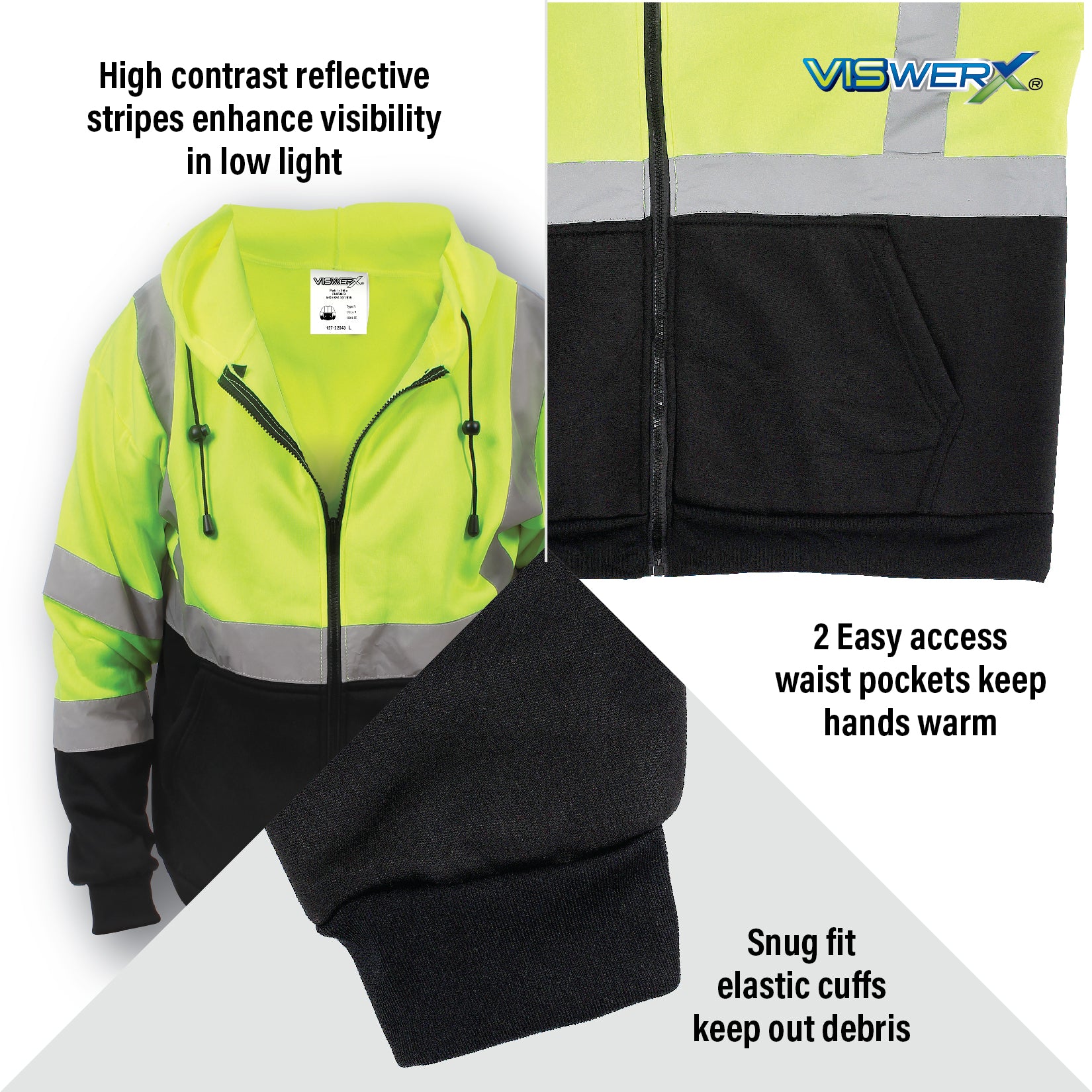 Close up images of jacket, pockets, and cuffs with features listed. High contract reflective stripes enhance visibility in low light, 2 easy access waist pockets keep hands warm, Snug fit elastic cuffs keep out debris.