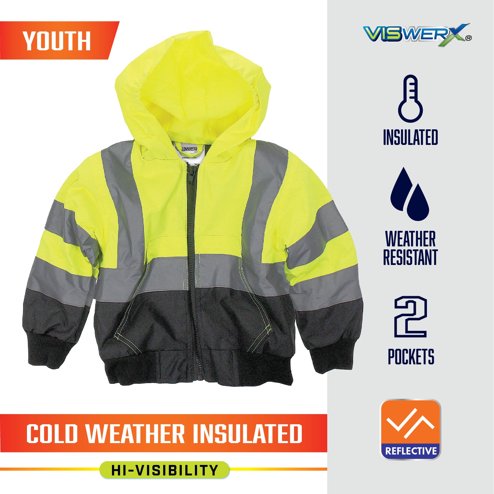 A hi-visibility yellow and black jacket with Youth, Insulated, Weather Resistant, 2 Pockets, Reflective, Cold Weather Insulated, and Hi-Visibility listed as product features.