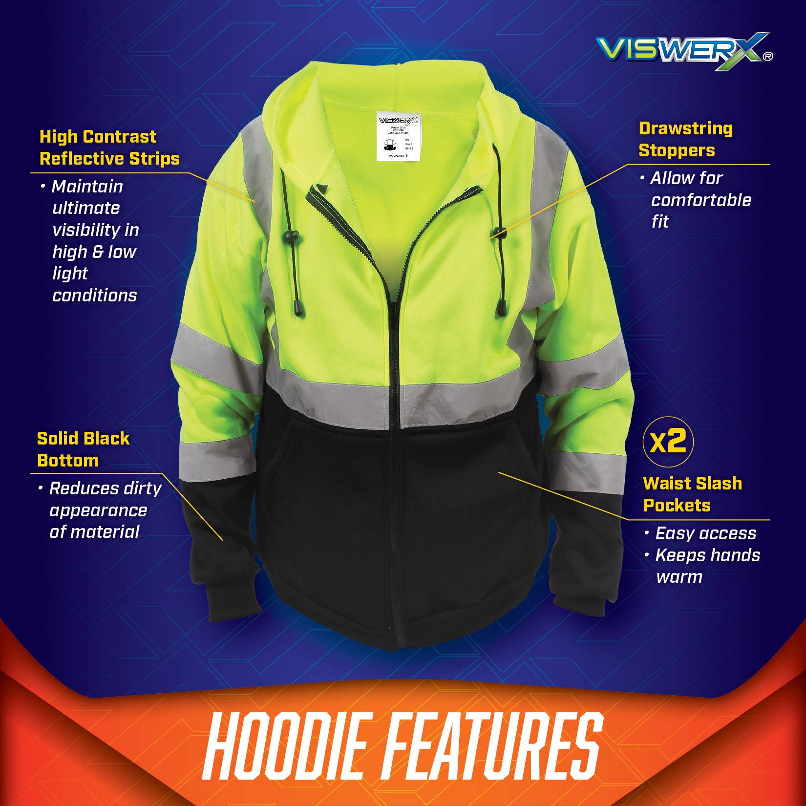 Image of hi-visibility yellow and black hoodie with product features listed around it. High contrast reflective strips to maintain ultimate visiblity in high and low light conditions, Solid black bottom reduces dirty appearance of material, Drawstring stoppers allow for comfortable fit, 2 waist slash pockets with easy access to keep hands warm.