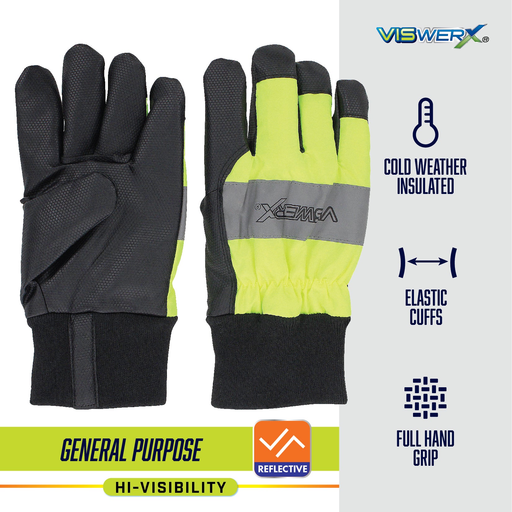 Hi-visibility yellow and black gloves, with Cold Weather Insulated, Elastic Cuffs, Full Hand Grip, General Purpose, Reflective, and Hi-Visibility listed as product features.