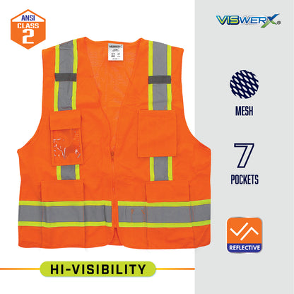 A hi-visibility orange zip up safety vest with ANSI Class 2, Mesh, 7 Pockets, Reflective, and Hi-Visibility listed as product features.